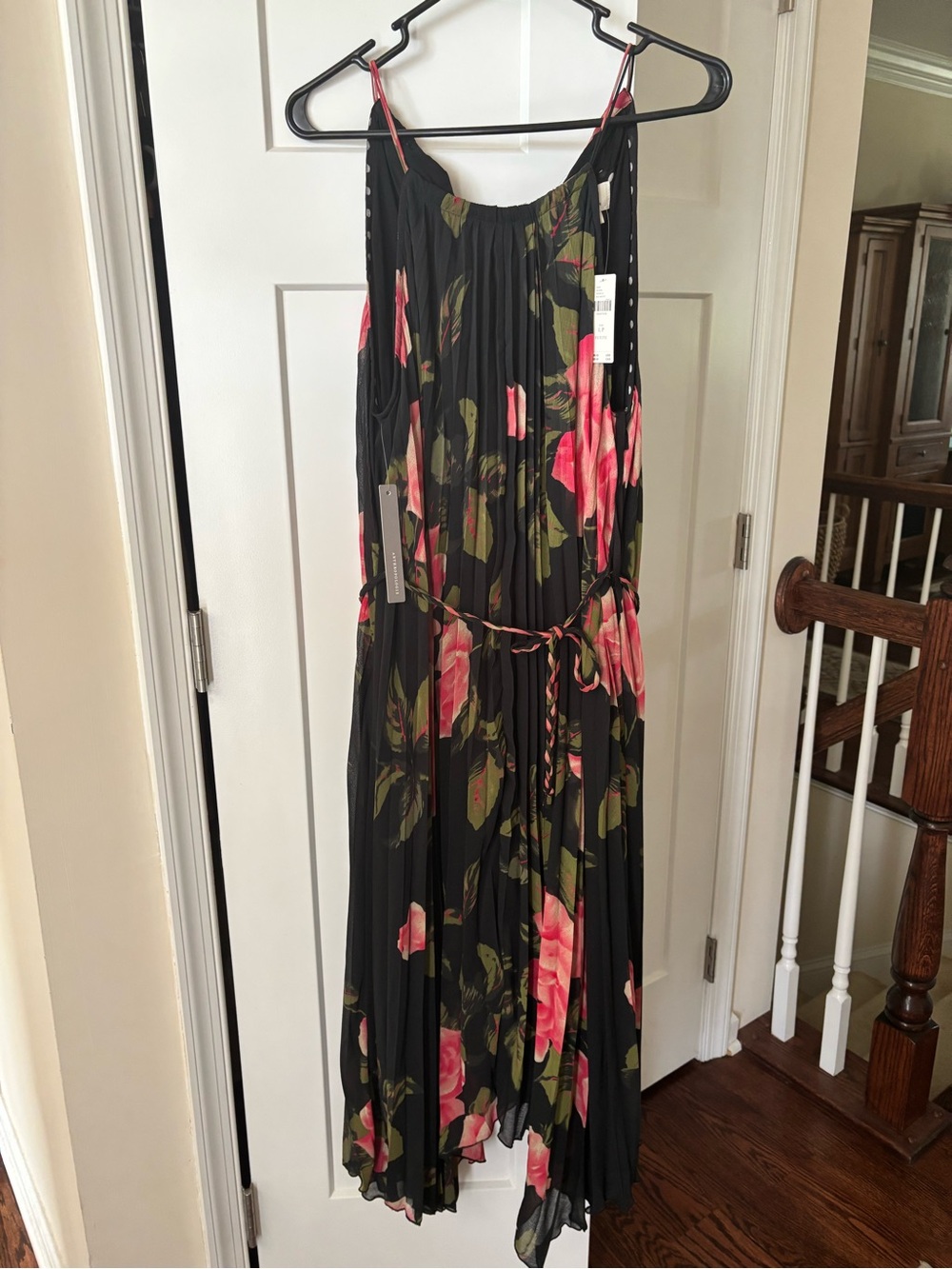 Anthropologie Black Maxi Dress with Pink Rose Print